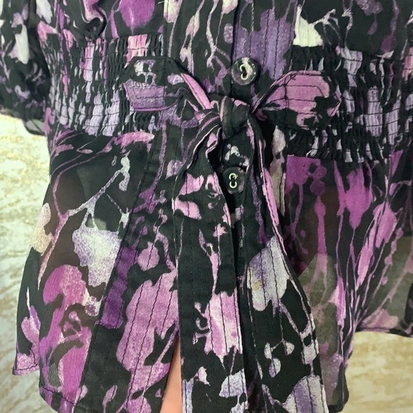 JM collection Petite Black/Purple Floral Print Semi Shear Blouse Size 8P - Picture 6 of 14
